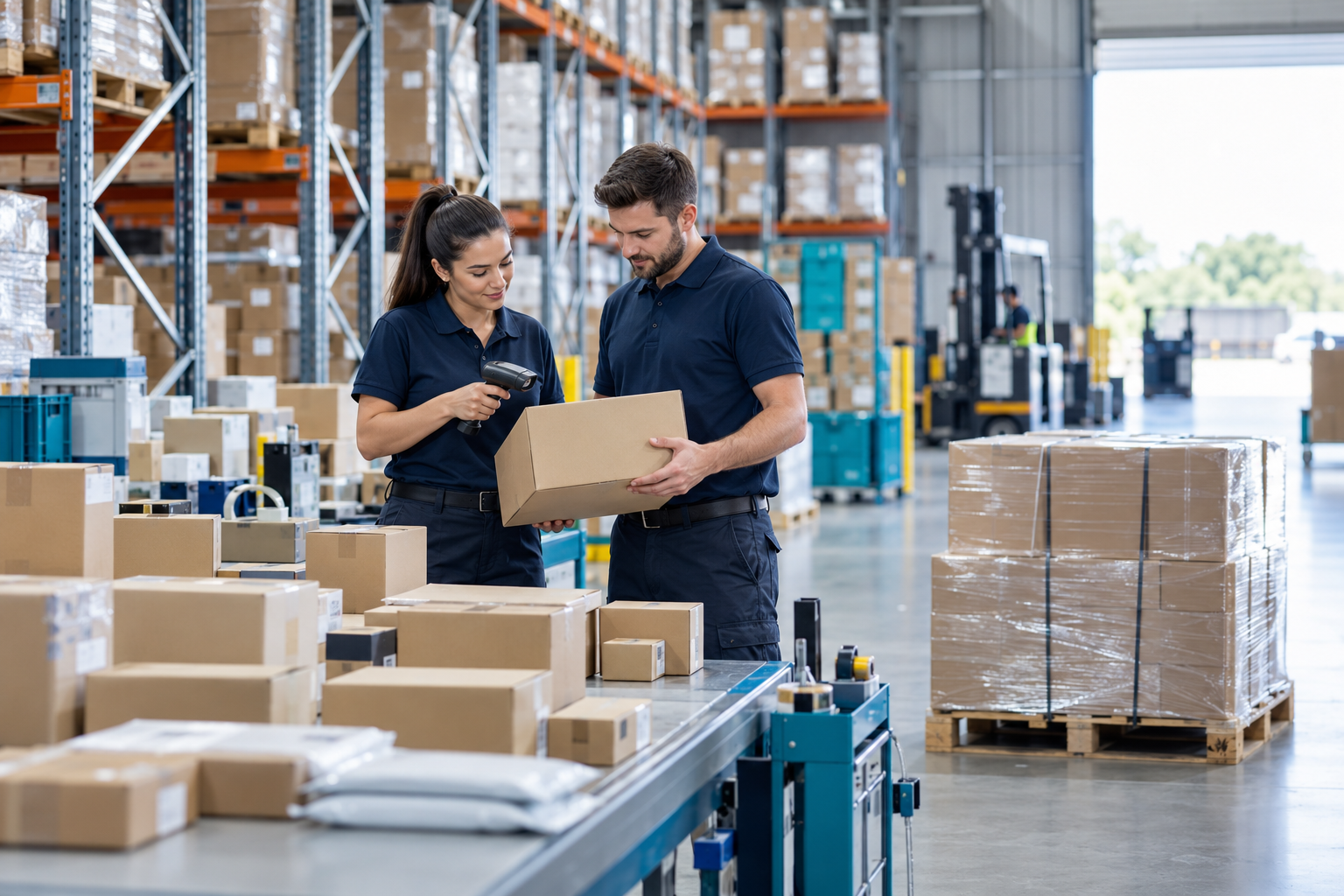 Warehouse team organising mixed parcels and pallet freight for dispatch