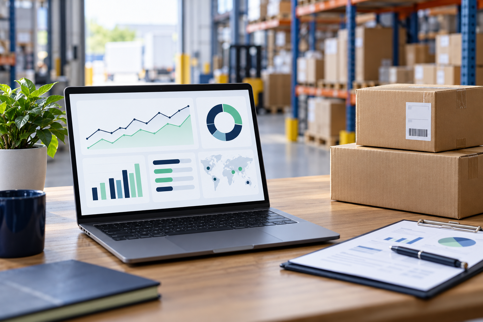 Unbranded freight analytics workspace with a laptop and parcels