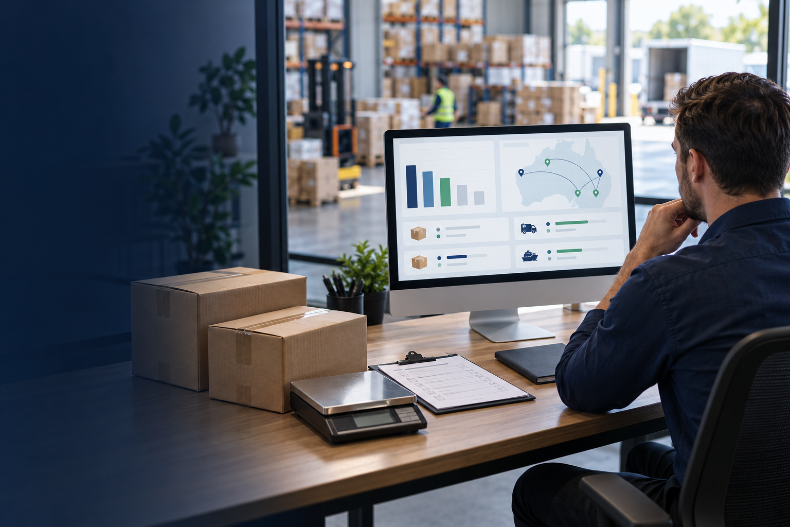 Freight operations professional reviewing shipment analytics in a warehouse dispatch office