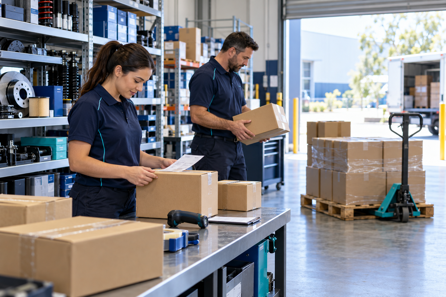 Parts warehouse team preparing cartons for customer orders and branch transfers