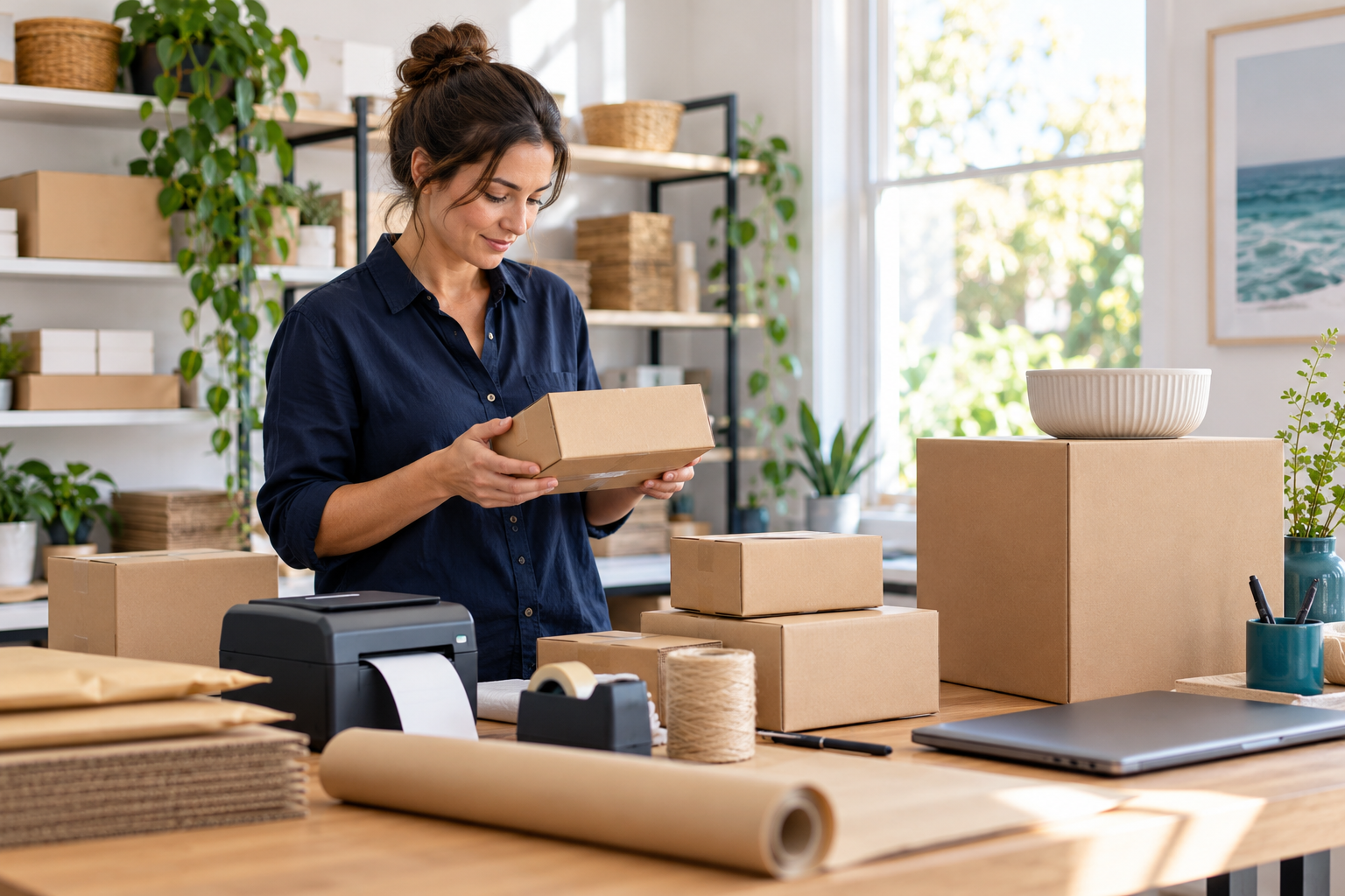 Online retailer preparing different sized parcels at a packing bench