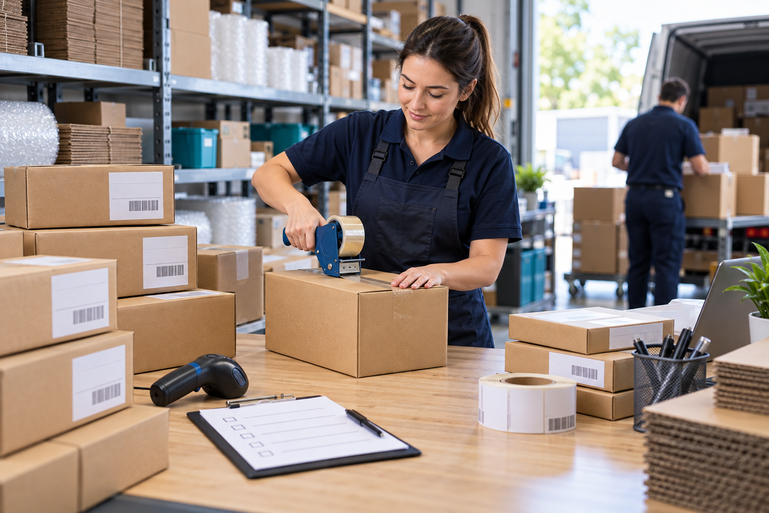 Warehouse team preparing parcels for peak season dispatch
